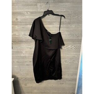 one shoulder RALPH LAUREN black satin DRESS capelet ruffle size 8‎ New